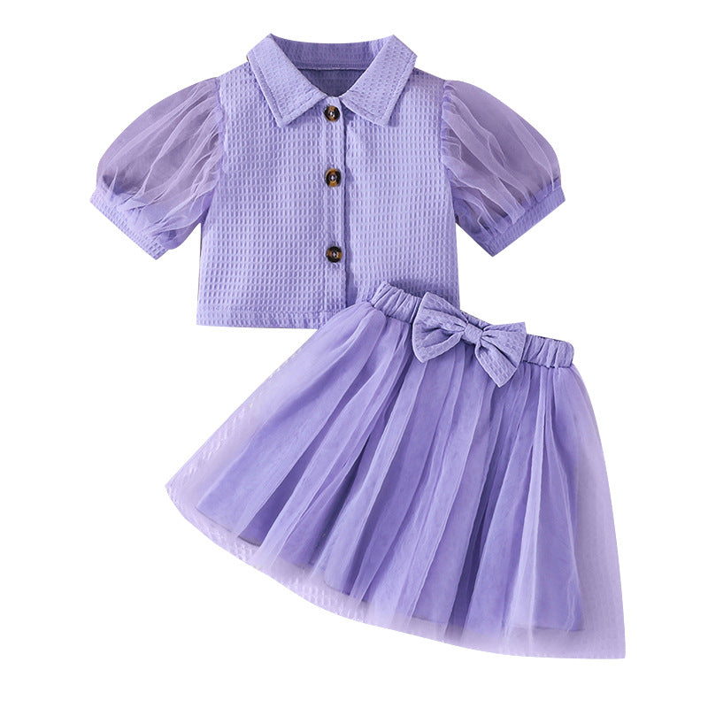 2 Pieces Set Kid Girls Solid Color Tops And Skirts Wholesale 24030157