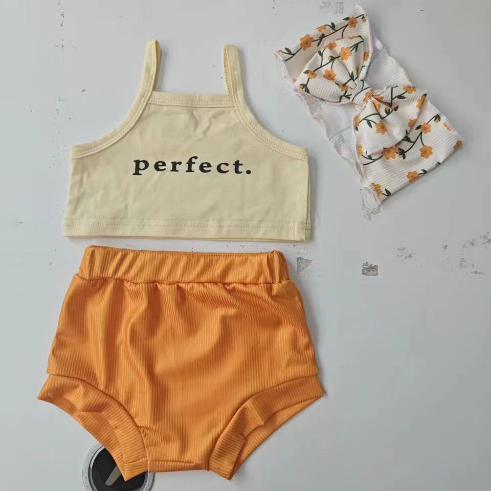 2 Pieces Set Baby Girls Letters Tank Tops And Solid Color Shorts Wholesale 24030161