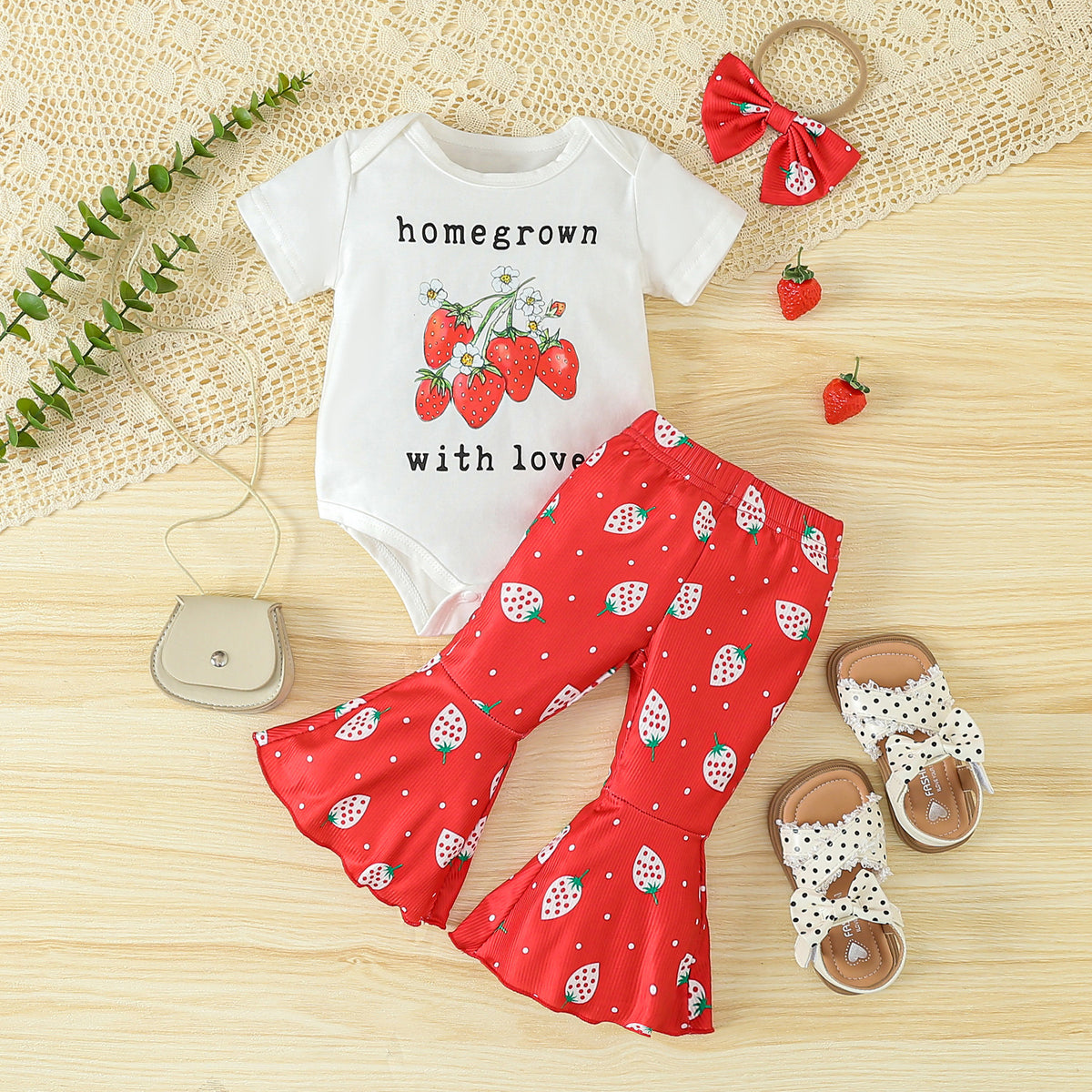 2 Pieces Set Baby Girls Letters Fruit Print Tops And Pants Wholesale 24030164