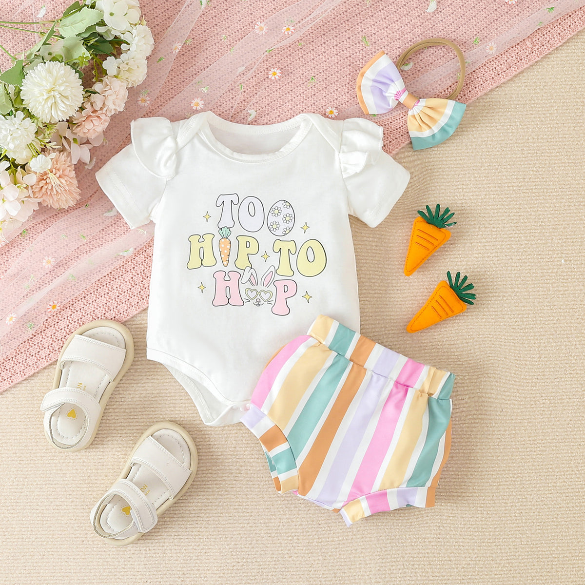 2 Pieces Set Baby Girls Easter Letters Rompers And Color-blocking Shorts Wholesale 24030166