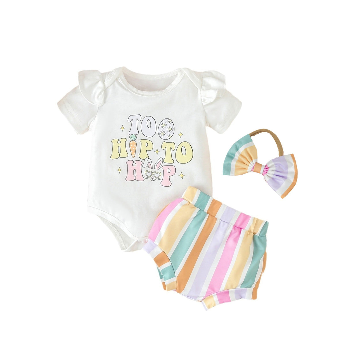 2 Pieces Set Baby Girls Easter Letters Rompers And Color-blocking Shorts Wholesale 24030166