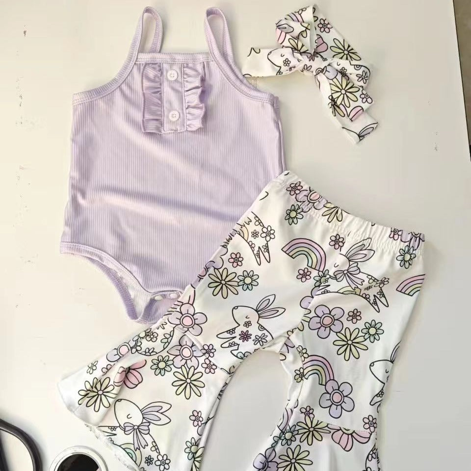 2 Pieces Set Baby Girls Easter Solid Color Tank Tops Flower And Cartoon Pants Wholesale 24030169