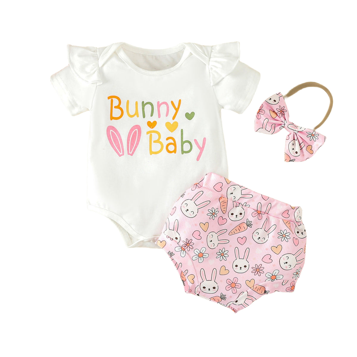 2 Pieces Set Baby Girls Easter Letters Rompers Animals And Cartoon Shorts Wholesale 24030174