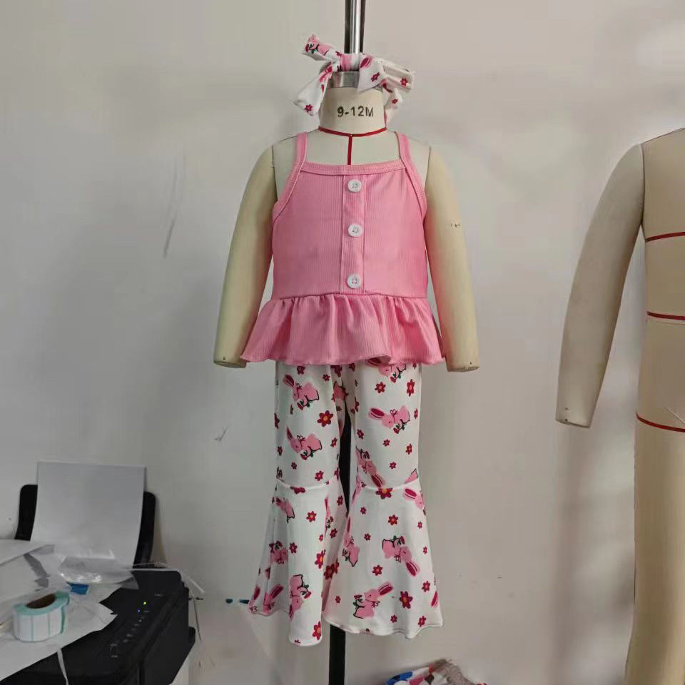 2 Pieces Set Baby Kid Girls Solid Color Print Tank Tops And Flower Pants Wholesale 24030176