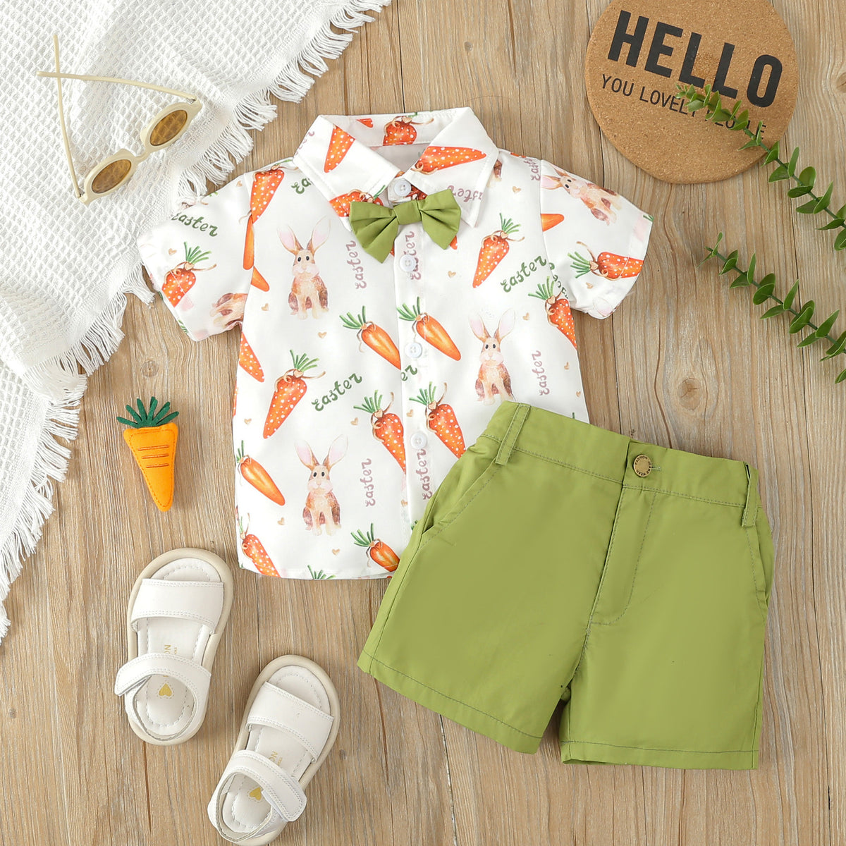 2 Pieces Set Baby Kid Boys Easter Letters Animals Tops And Solid Color Pants Wholesale 24030177