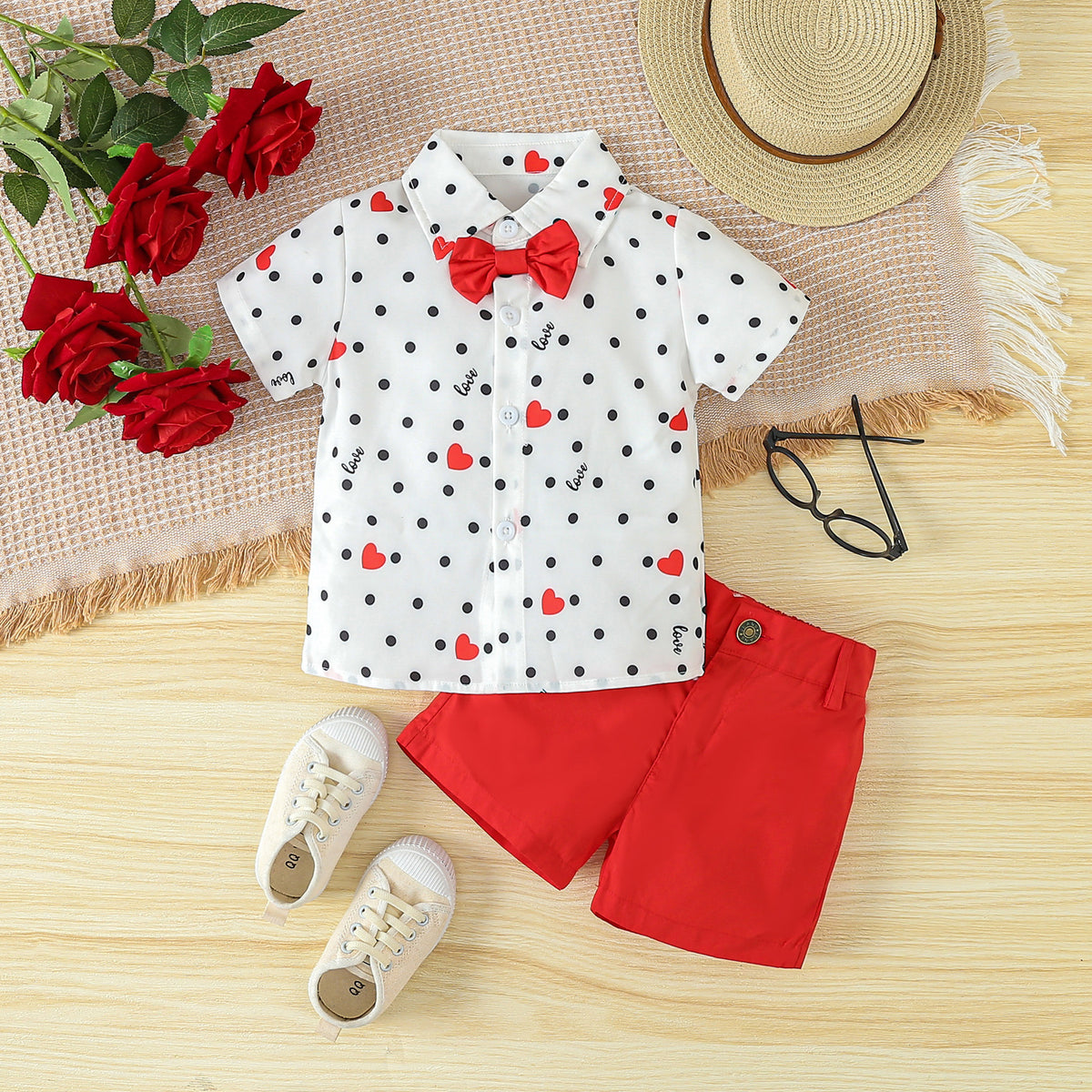 2 Pieces Set Baby Kid Boys Valentine's Day Letters Love heart Print Tops And Solid Color Shorts Wholesale 24030179