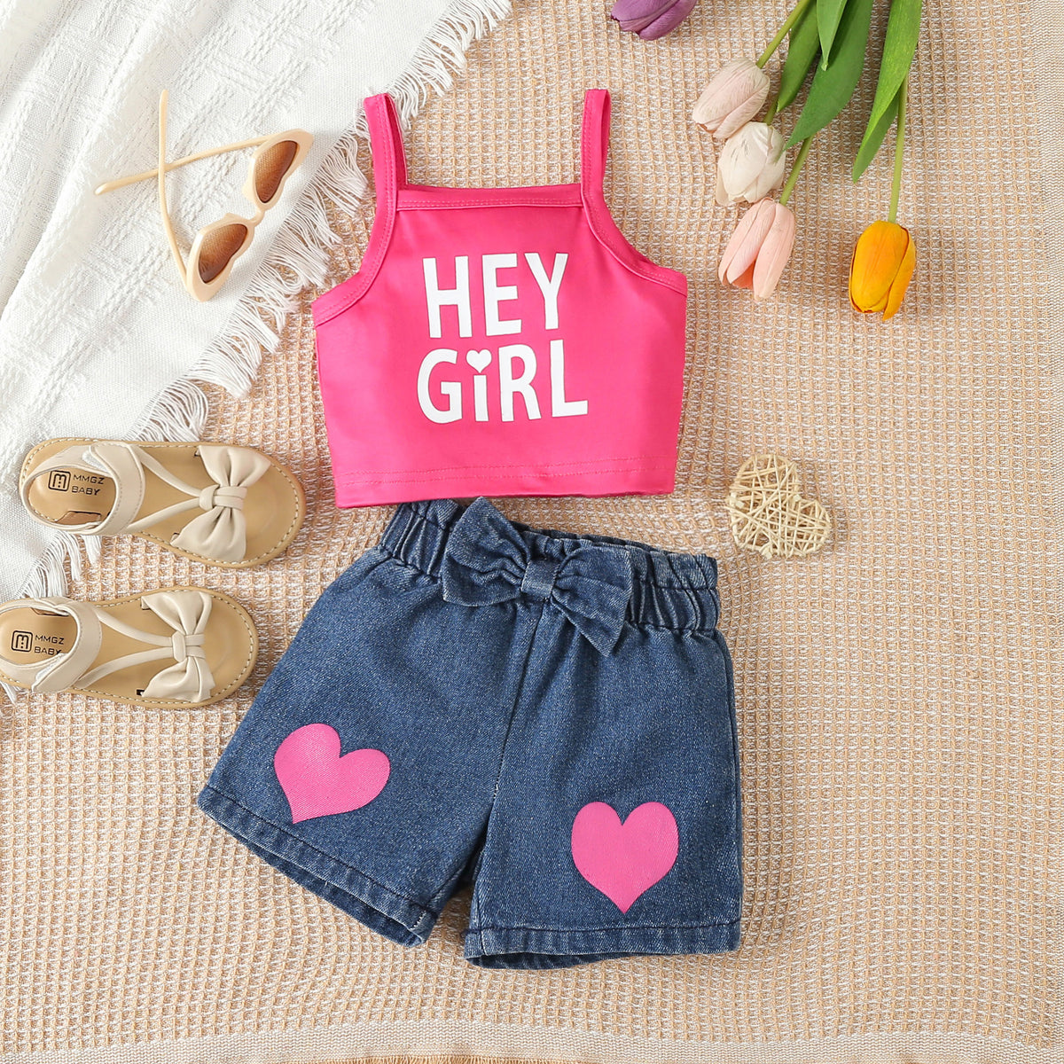 2 Pieces Set Baby Kid Girls Letters Tank Tops And Love heart Shorts Wholesale 24030180