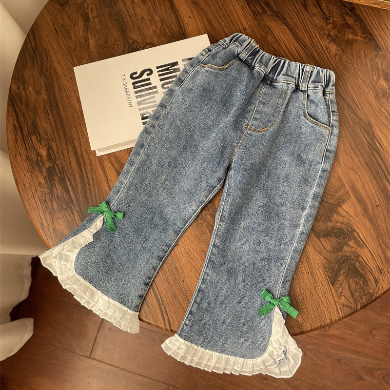 Baby Kid Girls Solid Color Bow Jeans Wholesale 24030188