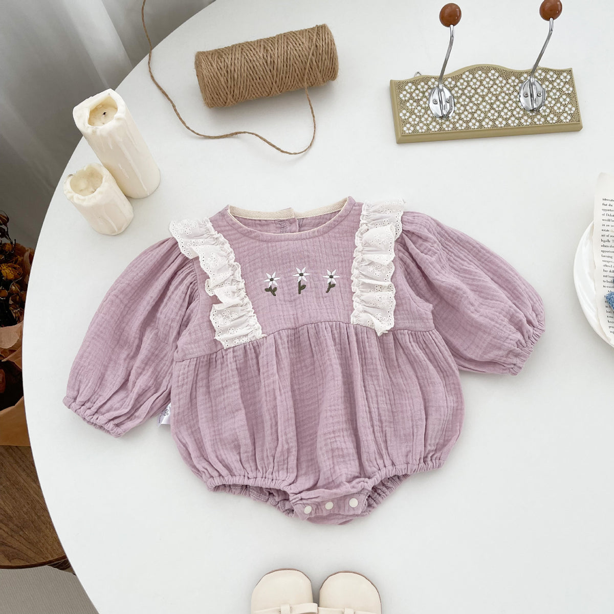 Baby Girls Solid Color Embroidered Rompers Wholesale 24030195