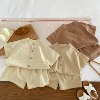 Load image into Gallery viewer, 2 Pieces Set Baby Kid Boys Solid Color Checked Tops And Shorts Wholesale 240409107
