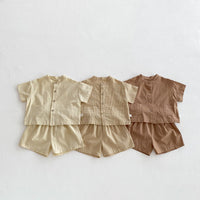 Load image into Gallery viewer, 2 Pieces Set Baby Kid Boys Solid Color Checked Tops And Shorts Wholesale 240409107
