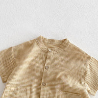 Load image into Gallery viewer, 2 Pieces Set Baby Kid Boys Solid Color Checked Tops And Shorts Wholesale 240409107
