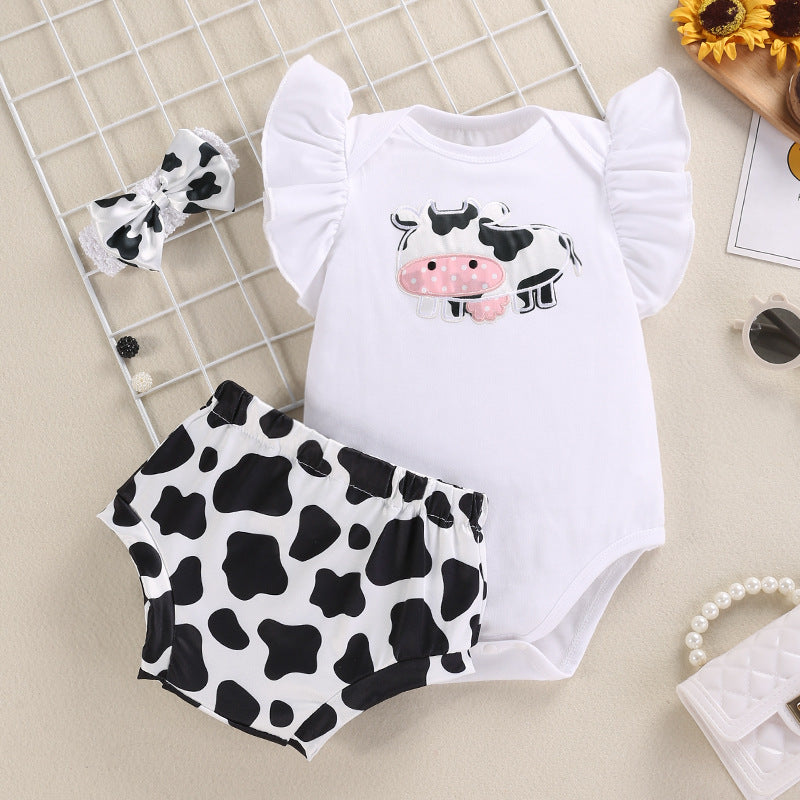 2 Pieces Set Baby Girls Cartoon Rompers Color-blocking And Cow Shorts Wholesale 240409124