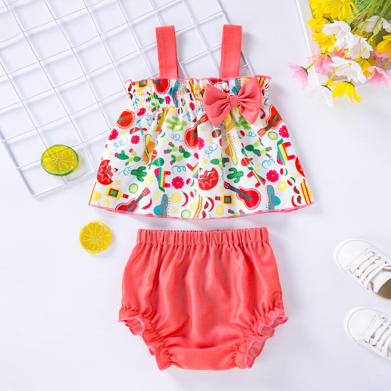 2 Pieces Set Baby Kid Girls Cartoon Tank Tops And Solid Color Shorts Wholesale 240409126