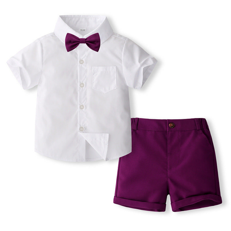 2 Pieces Set Baby Kid Boys Solid Color Bow Shirts And Shorts Wholesale 240409133