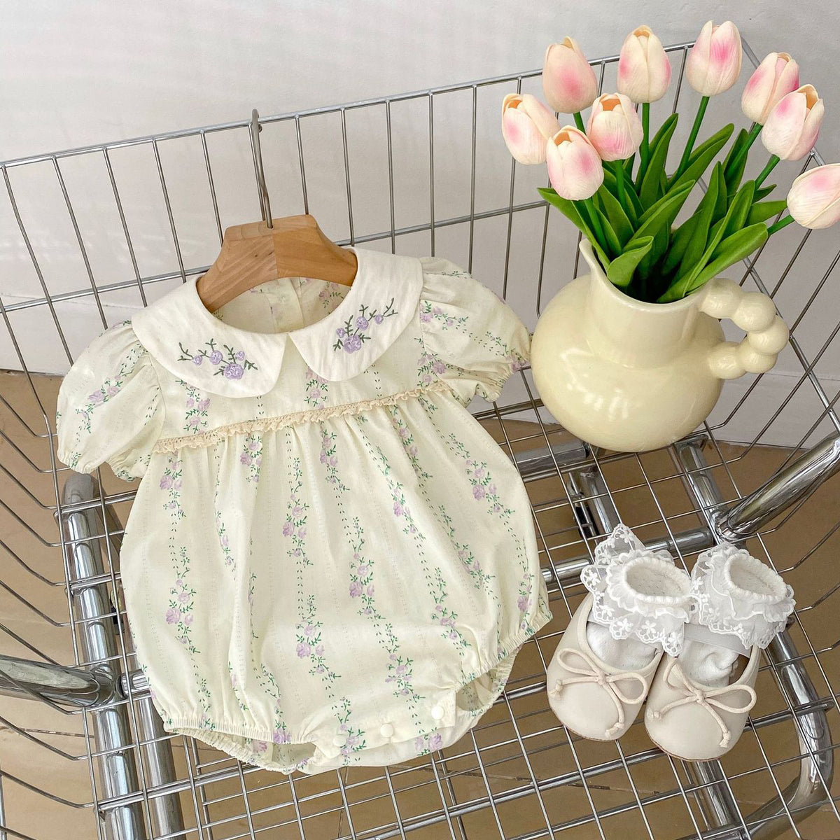 Baby Girls Flower Print Rompers Wholesale 240409146