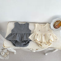 Load image into Gallery viewer, 2 Pieces Set Baby Kid Girls Checked Embroidered Tank Tops And Shorts Wholesale 240409163
