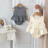 Load image into Gallery viewer, 2 Pieces Set Baby Kid Girls Checked Embroidered Tank Tops And Shorts Wholesale 240409163
