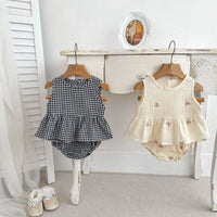 Load image into Gallery viewer, 2 Pieces Set Baby Kid Girls Checked Embroidered Tank Tops And Shorts Wholesale 240409163
