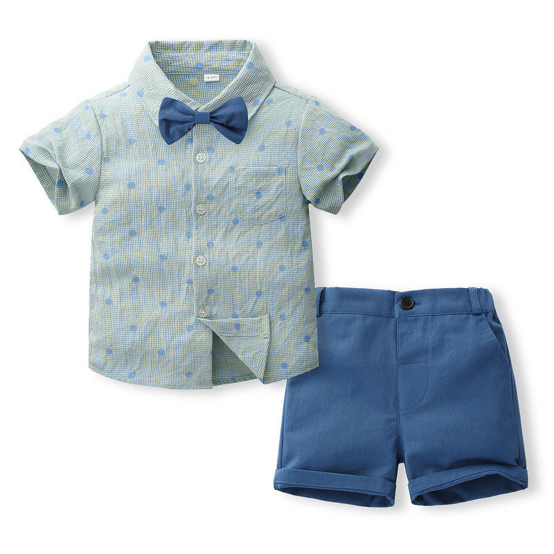 2 Pieces Set Baby Kid Boys Polka dots Shirts And Solid Color Shorts Wholesale 240409171