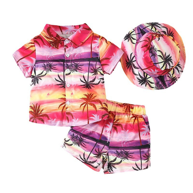 2 Pieces Set Baby Kid Boys Beach Plant Print Shirts And Shorts Wholesale 240409200