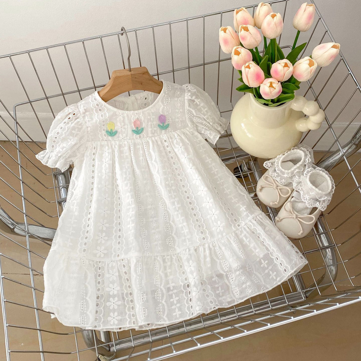 Baby Kid Girls Solid Color Flower Embroidered Dresses Wholesale 240409222