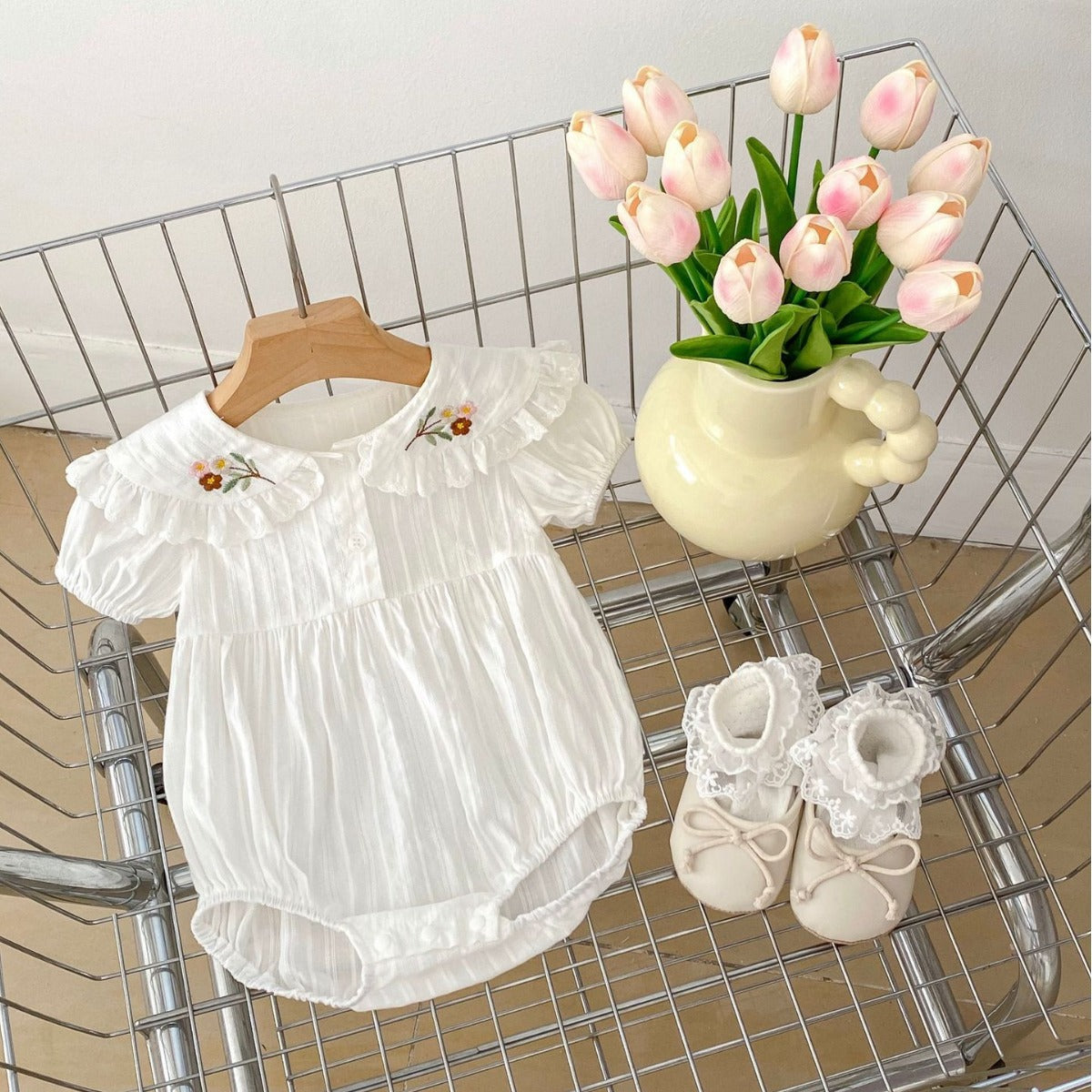 Baby Girls Solid Color Embroidered Rompers Wholesale 240409224