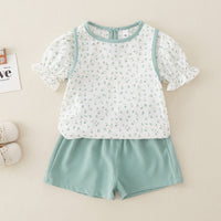 Load image into Gallery viewer, 2 Pieces Set Baby Kid Girls Flower Print Tops And Solid Color Shorts Wholesale 240409231
