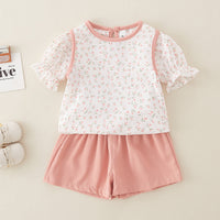 Load image into Gallery viewer, 2 Pieces Set Baby Kid Girls Flower Print Tops And Solid Color Shorts Wholesale 240409231
