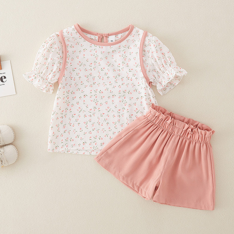 2 Pieces Set Baby Kid Girls Flower Print Tops And Solid Color Shorts Wholesale 240409231