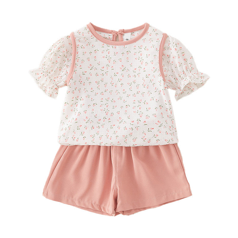 2 Pieces Set Baby Kid Girls Flower Print Tops And Solid Color Shorts Wholesale 240409231