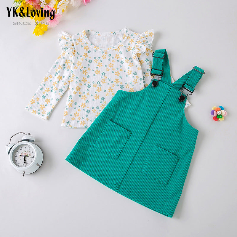 2 Pieces Set Baby Kid Girls Flower Tops And Solid Color Dresses Wholesale 240409239