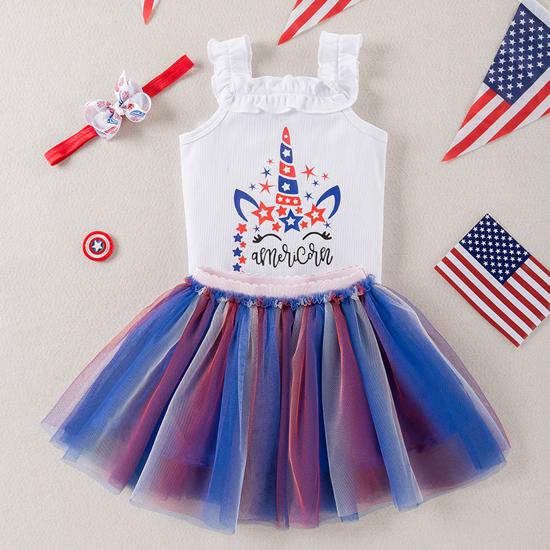 2 Pieces Set Baby Kid Girls Letters Unicorn Tank Tops And Color-blocking Skirts Wholesale 240409244