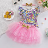 Load image into Gallery viewer, 2 Pieces Set Baby Girls Flower Print Rompers And Solid Color Skirts Wholesale 240409245
