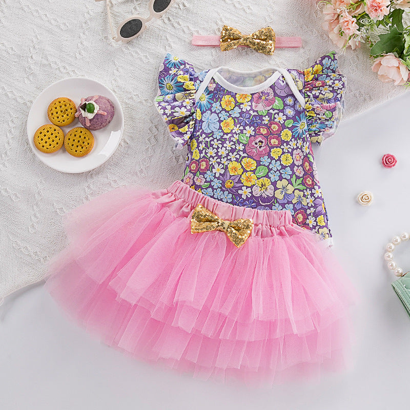 2 Pieces Set Baby Girls Flower Print Rompers And Solid Color Skirts Wholesale 240409245