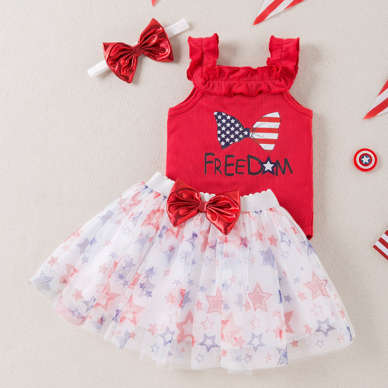 2 Pieces Set Baby Girls Independence Day Letters Tank Tops And Star Skirts Wholesale 240409246