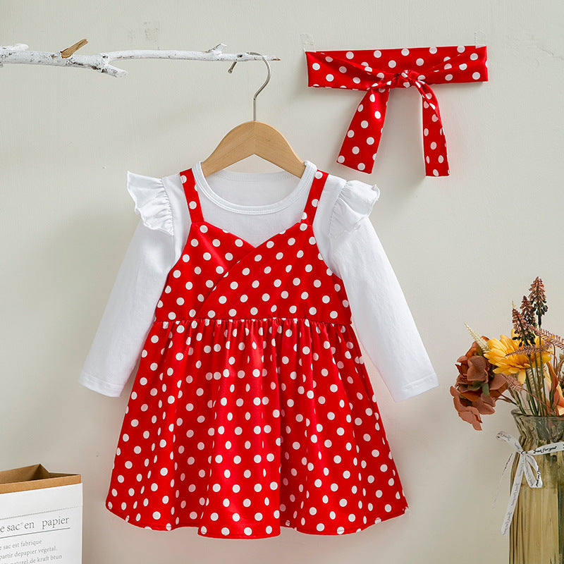 2 Pieces Set Baby Kid Girls Solid Color Tops And Polka dots Dresses Wholesale 24040941