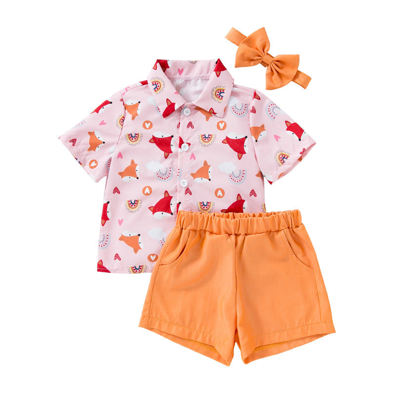 2 Pieces Set Baby Kid Boys Cartoon Print Shirts And Solid Color Shorts Wholesale 24040951