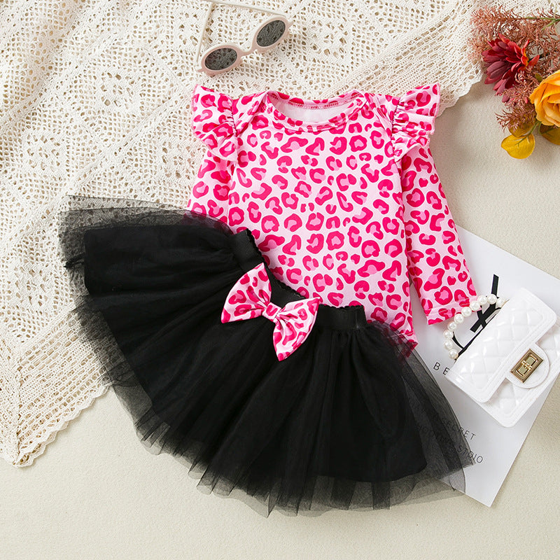 2 Pieces Set Baby Girls Leopard Rompers And Solid Color Skirts Wholesale 24040955