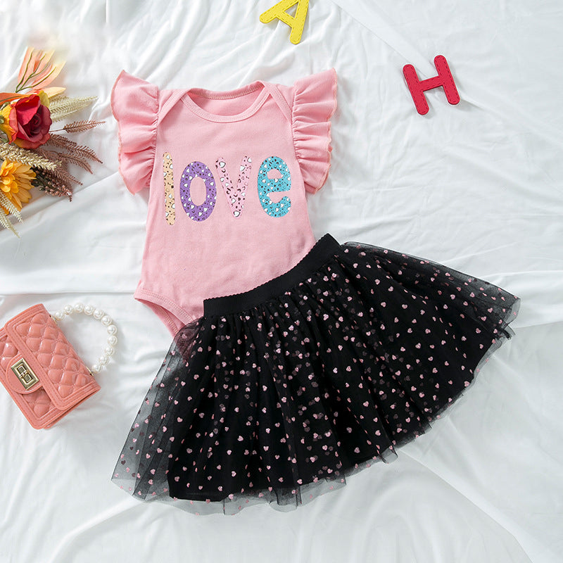 2 Pieces Set Baby Girls Letters Rompers And Love heart Skirts Wholesale 24040964