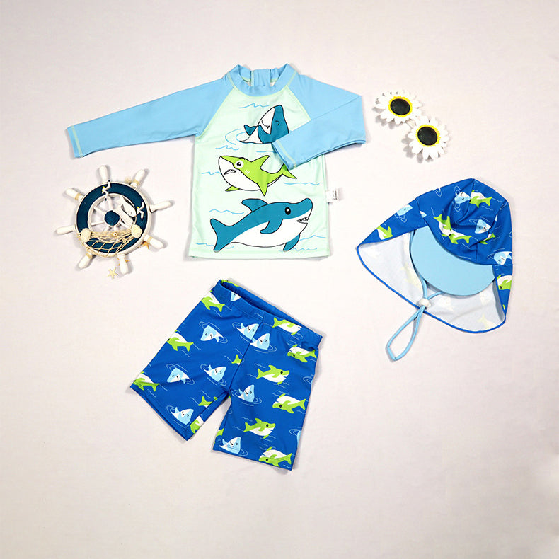 3 Pieces Set Kid Boys Beach Cartoon Print Swimwears And Hat Wholesale 24040966