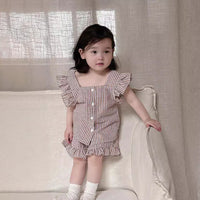 Load image into Gallery viewer, 2 Pieces Set Baby Kid Girls Checked Tops And Shorts Wholesale 240522175
