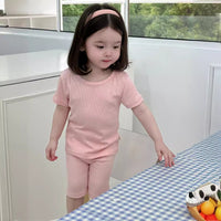 Load image into Gallery viewer, 2 Pieces Set Baby Kid Girls Solid Color Tops And Shorts Wholesale 240522418
