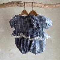Load image into Gallery viewer, Baby Girls Flower Checked Print Rompers Wholesale 24052246
