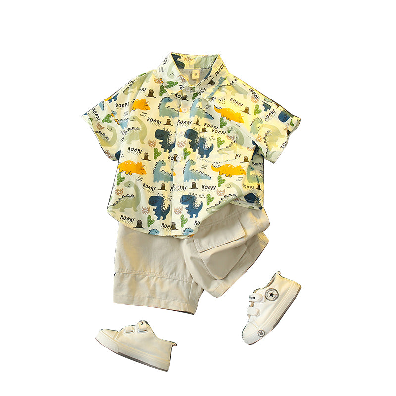 2 Pieces Set Baby Kid Boys Dinosaur Print Tops And Solid Color Shorts Wholesale 24070107