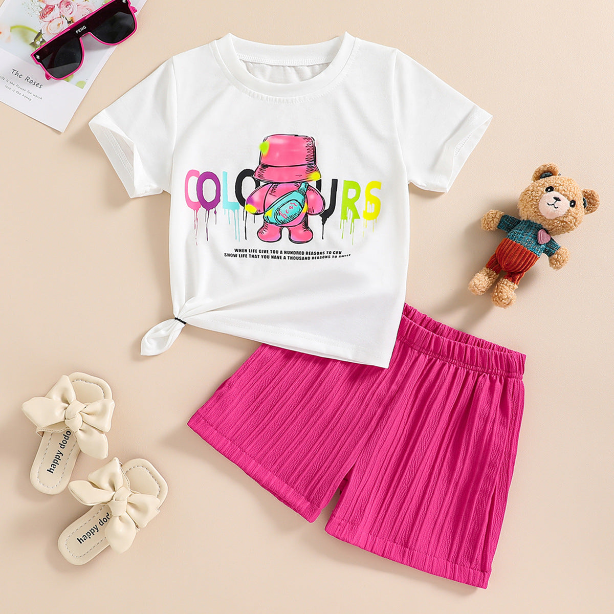 2 Pieces Set Kid Girls Letters Cartoon Tops And Solid Color Shorts Wholesale 240701105