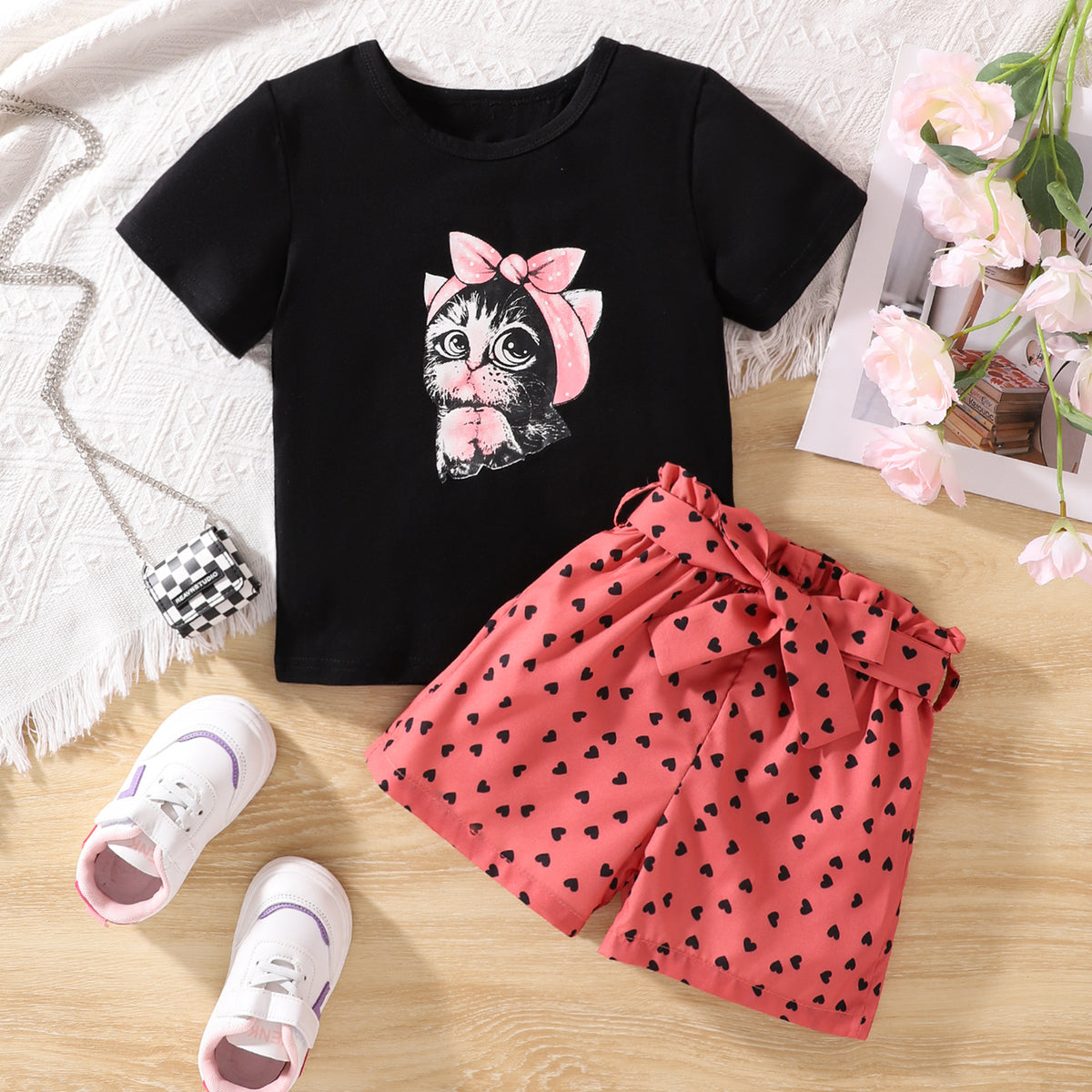 2 Pieces Set Baby Kid Girls Animals Cartoon Tops And Love heart Shorts Wholesale 240701123