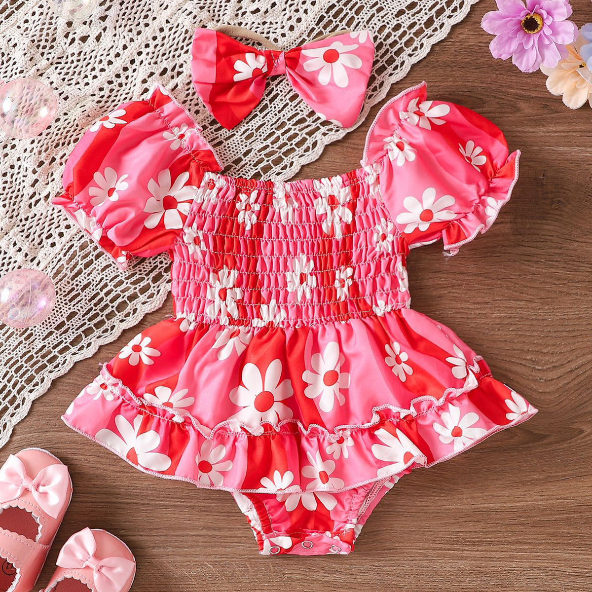 Baby Girls Flower Print Rompers Wholesale 240701146