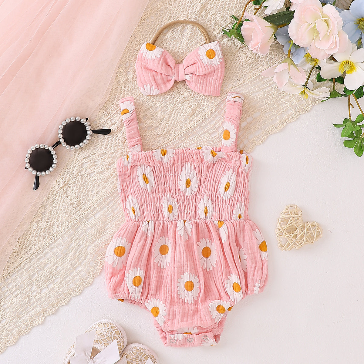 Baby Girls Flower Print Rompers Wholesale 240701148