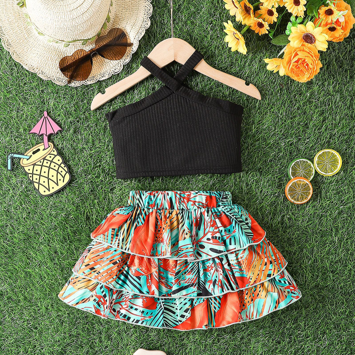 2 Pieces Set Baby Kid Girls Solid Color Tank Tops And Plant Skirts Wholesale 240701149